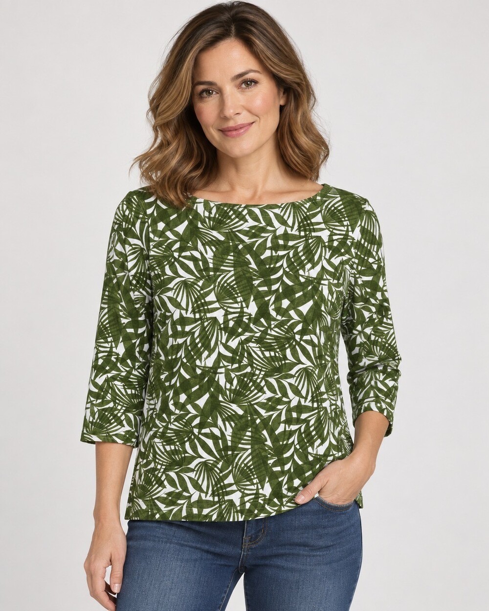 Croft & Barrow Petite Medium 3/4 Sleeve Shirt Green White Leaf Cotton